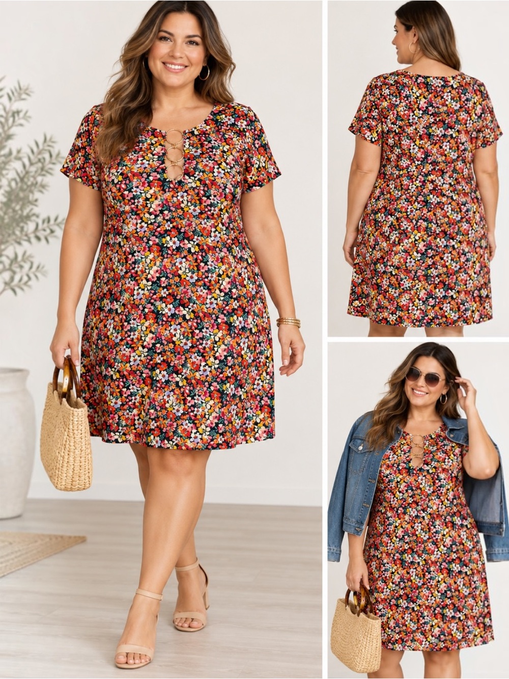 MSK Women Plus 1X Ditsy Floral Dress 3 Ring Keyhole Stretch A-Line Short Sleeve